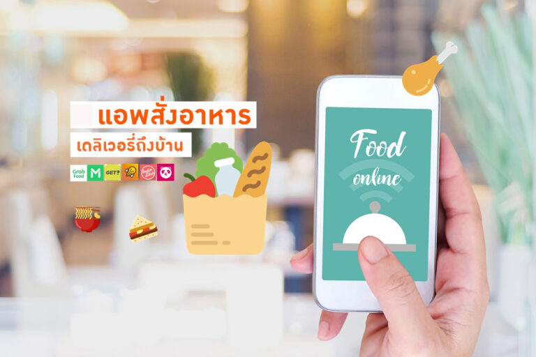 Smart phone with food online device on screen over blur restaurant background, food online, food delivery concept