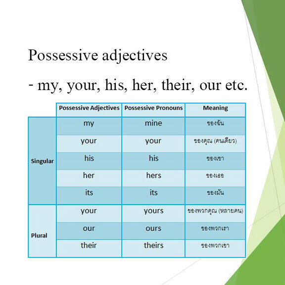 Possessive adjectives - my, your, his, her, their, our etc.