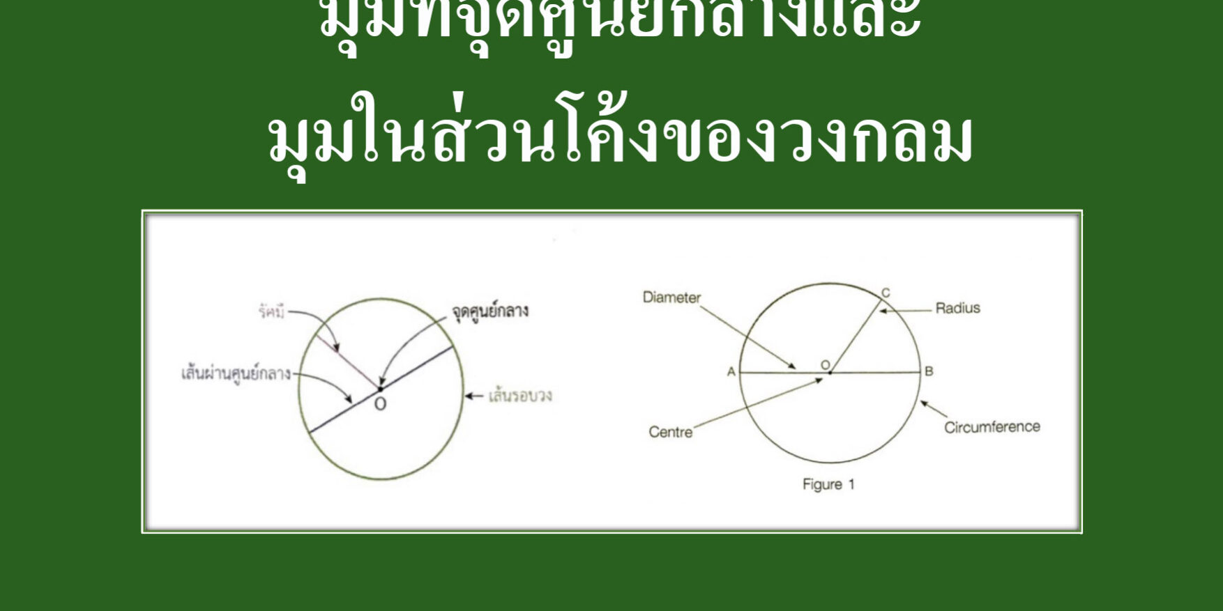 มุมที่จุดศูนย์กลางและมุมในส่วนโค้งของวงกลม